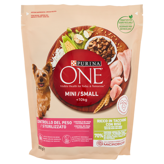 PURINA ONE Mini/Small Controllo del Peso/Sterilizzato Ricco in Tacchino con Riso 800 g