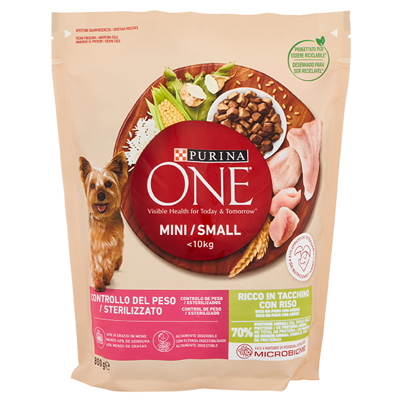 PURINA ONE Mini/Small Controllo del Peso/Sterilizzato Ricco in Tacchino con Riso 800 g