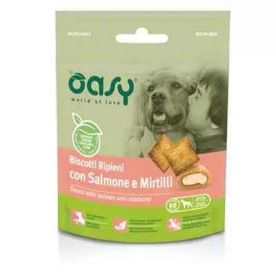 Oasy Snack Dog - BISCOTTI ripieni con SALMONE e MIRTILLI 80 gr