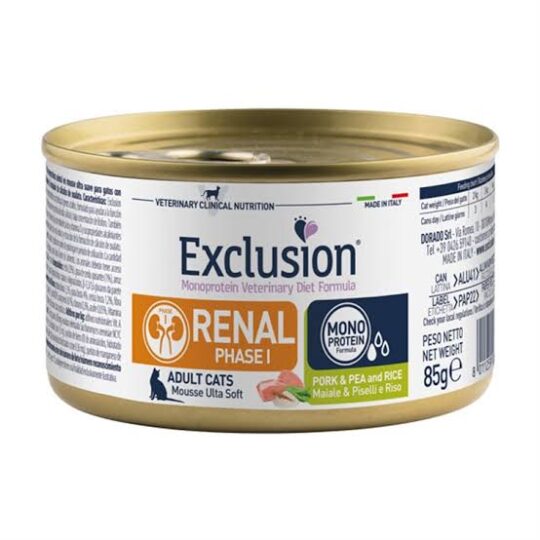 EXCLUSION DIET CAT RENAL PHASE 1 MAIALE PISELLI E RISO 85GR