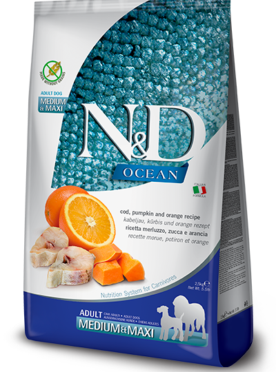 FARMINA N&D OCEAN DOG ZUCCA MERLUZZO ARANCIA ADULT MED/MAXI KG.12